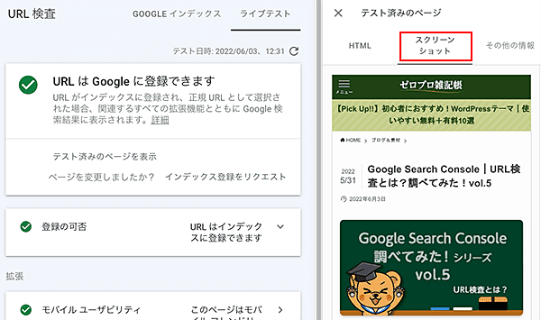 Google Search Console-URL検査ライブテストスクリーンショット
